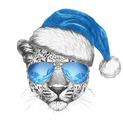 Portrait of Leopard with Santa Hat and sunglasses. Hand drawn illustration.