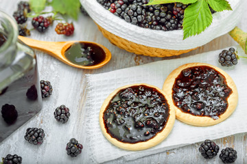 Blackberry jam sandwich biscuits, top view
