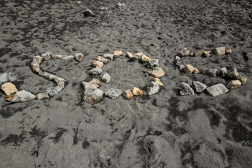 Richiesta di aiuto, SOS scritto con dei sassi sulla spiaggia