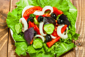 Vegetable salad on table, top view