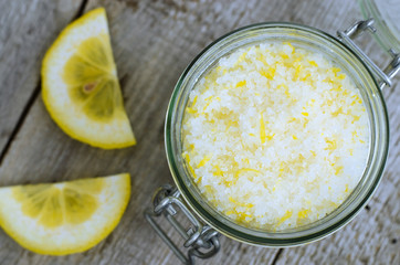 Homemade scrub made of sea salt, lemon peel and lemon juice