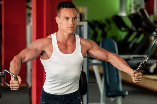 phisique fitness competitor works out in gym lifting dumbbells