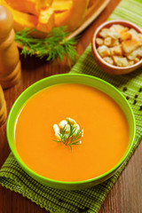 Fresh pumpkin soup, vegetarian healthy food