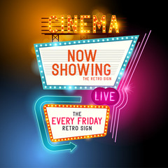 Retro Showtime-teken. Theater bioscoop retro bord met gloeiende neonreclames. Vector illustratie.