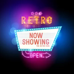 Rolgordijnen Retro compositie Retro Showtime Sign. Theatre cinema retro sign with glowing neon signs. Vector illustration.