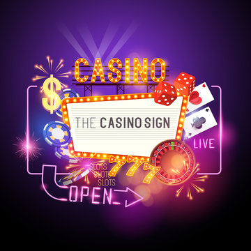 Casino Party Vector - Role the dice - Win big! Casino vector illustration design with poker, playing cards, slots and roulette. Glowing Casino sign. Layered illustration.