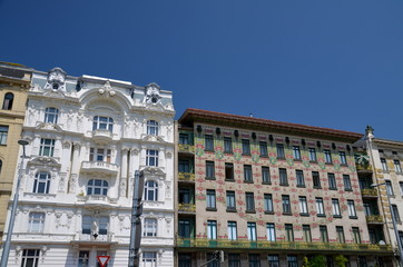 Fototapeta na wymiar Viennese row houses at the viennese Naschmarkt. Architecture of otto wagner in Vienna, Austria