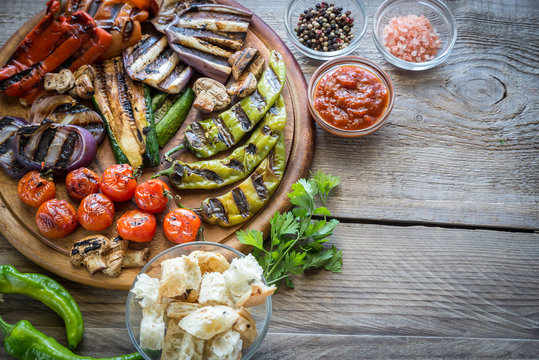 Grilled vegetables on the wooden board