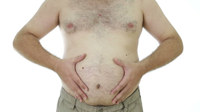Man with fat stomach, squeezing
