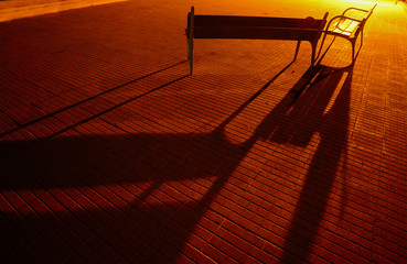 benches and their shadows on a paved street