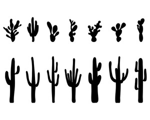Black silhouettes of different cactus, vector