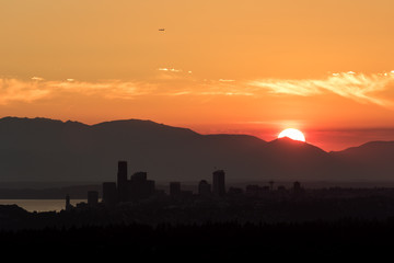 Seattle skyline silhouette during golden sunset