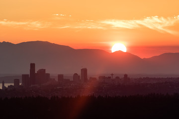 Seattle skyline silhouette during golden sunset