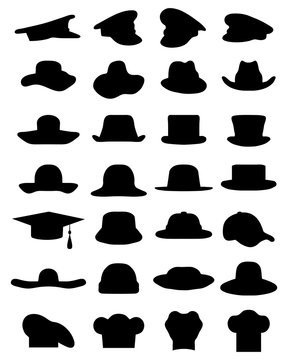 Silhouettes of various caps and hats, vector
