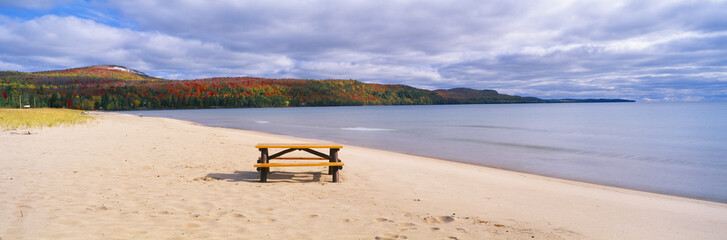 Picnic table on beach at Keweenaw Bay, Lake Superior, Michigan