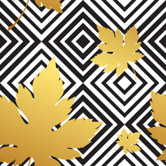 Geometric seamless leaf repeat pattern in black, white and gold.