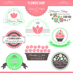Set of flower symbols, logotypes, badges, icons and signs. Vector floral collection. Coloured design elements for flower shops and florists. 