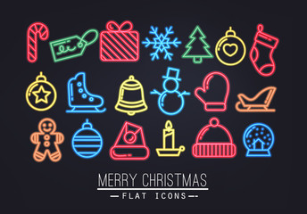 Fototapeta na wymiar Christmas flat icons neon
