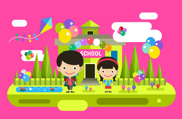 Back to school background. Cute vector cartoon boy and girl