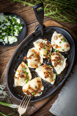 Dumplings with meat, onion and bacon.