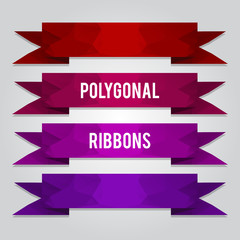 Polygonal red ribbons set. Vector low poly info graphic elements.