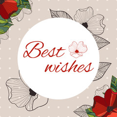 Red poppies doodle background. Vector greeting card with round blank space for your text. Best wishes.