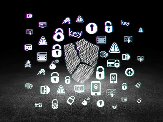 Privacy concept: Broken Shield in grunge dark room