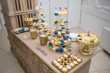 Wedding decoration with pastel colored cupcakes, meringues, muffins and macarons