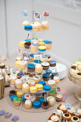 Wedding decoration with pastel colored cupcakes, meringues, muffins and macarons