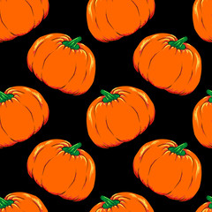Halloween jack-o-lantern orange pumpkin vegetable vector seamless pattern background texture