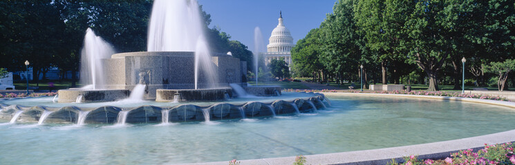 Fountain and US Capitol building in morning, Washington DC