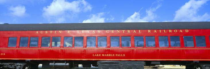 Historic red passenger car, Austin & Texas Central Railroad