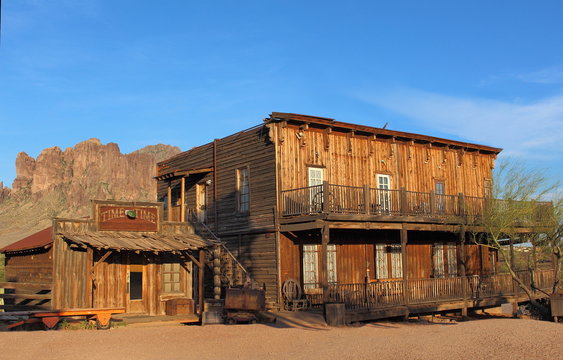 Old Wild West Cowboy town with mountains in background