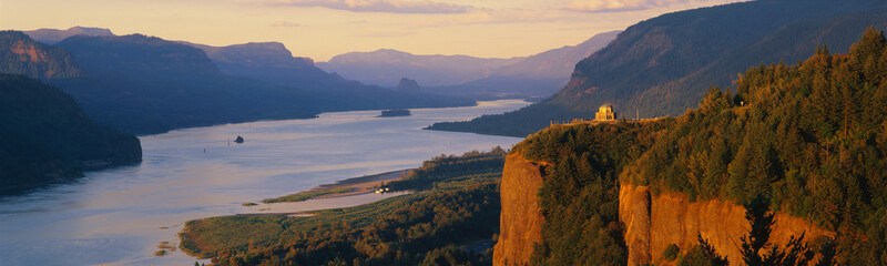 This is Crown Point overlooking the Columbia River at sunset. It is also known as Woman's View. - obrazy, fototapety, plakaty