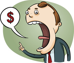 A cartoon businessman calling out, pointing and bidding with a speech bubble with a dollar symbol inside.