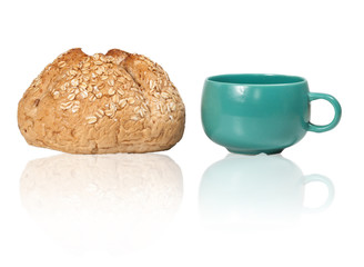bread and coffee on a white background