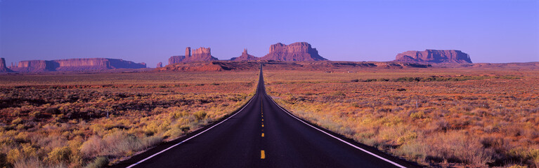 This is Route 163 that runs through the Navajo Indian Reservation. The road runs up the middle and gets smaller into infinity. The red rocks of Monument Valley are in the background. The scrub plants of the desert are on either side of the road. - obrazy, fototapety, plakaty