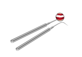 Dentist's tools and mirror with reflection of teeth
