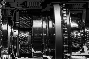 Detail of the engine. Close-up. Black and white.