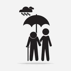 Man holding umbrella with elderly in the rain illustration