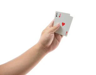 Playing cards in hand isolated on white background