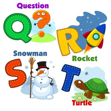 English alphabet  Q R S T with letters and pictures to them