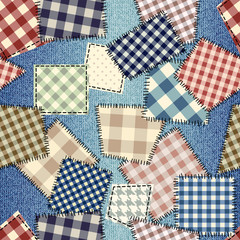 Patchwork on denim fabric. - obrazy, fototapety, plakaty