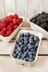 Raspberries, blueberries and blackberries in carton boxes