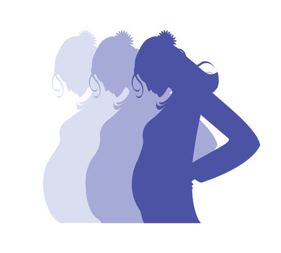 Flat vector images of a silhouetted pregnant lady, repeated to demonstrate trimester stages