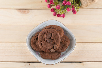 soft dark chocolate brownie cookies on wood