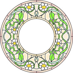 Chamomile, round stained glass window design, vector