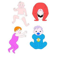 little children of different ages and in different poses. newborns and older children play or sleep