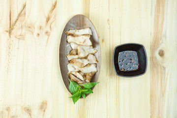 Charcoal-boiled grilled pork neck (Or Ko Mu Yang in Thai language). It's one of most popular foods in Thailand.