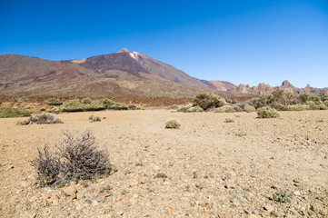 Arid and stony landscape of caldera with view on volcano Teide, Tenerife